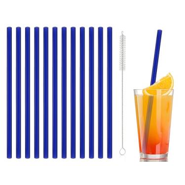 Imagem de 12 canudos de vidro reutilizáveis de 20 x 8 mm com escova de limpeza para chá, smoothies, milkshakes, sucos, bebidas (azul escuro)