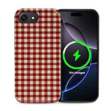 Imagem de ZHEGAILIAN Capa magnética para iPhone 16e, compatível com capa rígida MagSafe + silicone macio 2 em 1 híbrido à prova de choque capa protetora contra quedas vermelho quadriculado retrô estilo