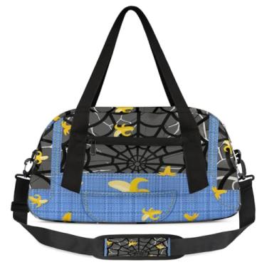 Imagem de Bolsa de viagem de academia para meninos – Bolsa infantil de fim de semana com bolso frontal com zíper para prática escolar, bolsas de mão para adolescentes, Teia de aranha cinza banana, Desenho