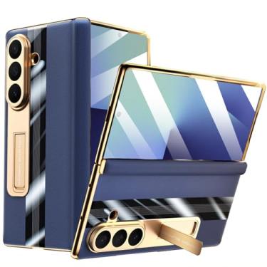 Imagem de YQODSZ Capa para Samsung Galaxy Z Fold 7 com suporte, capa de telefone de couro legítimo, proteção de dobradiça magnética, protetor de tela frontal para negócios slim fit, cobertura total, capa