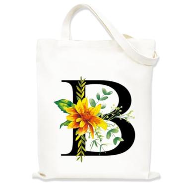 Imagem de Sacolas de lona estampadas para mulheres, sacolas de compras de lona, sacola de compras reutilizável para viagens, compras, trabalho, academia - Letra B