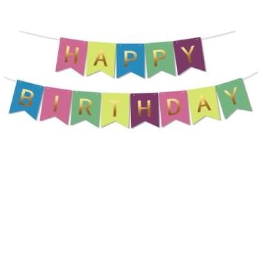 Imagem de Banner colorido de feliz aniversário com letras douradas brilhantes, faixa reutilizável de festa de aniversário arco-íris, bandeiras, suprimentos para crianças e adultos