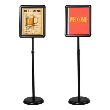 Imagem de Suporte de placa de piso com pedestal ajustável – Tela de sinalização de base de metal ajustável em altura de 96 cm a 127 cm para cafeterias, restaurantes, eventos e varejo, moldura de encaixe 21 x 28