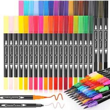 Imagem de Soucolor Canetas marcadoras artísticas para livros de colorir para adultos, material escolar e escritório, 34 cores com ponta dupla (pincel e ponta fina) marcadores de desenho para anotações em sala