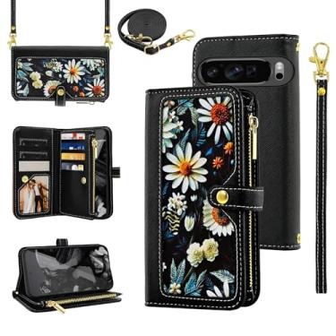 Imagem de Furiet Capa carteira floral para Google Pixel 9/9 Pro/10/10 Pro 5G com alça de pulso/ombro flip com zíper, suporte para cartão de crédito para Pixel9 9Pro/Pixel10 10Pro Nove Dez mulheres preta