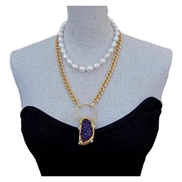 Imagem de URMIBDAI Colares femininos de água doce com corrente de pérolas de arroz branco com pingente de drusa de ametistas roxas 43 cm estilo escritório