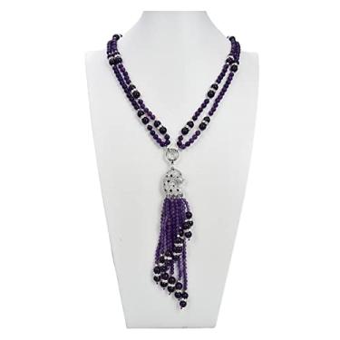Imagem de Acessórios de moda, joias, 55,88 cm, 2 fileiras, colar de ametista roxa com pingente de borla