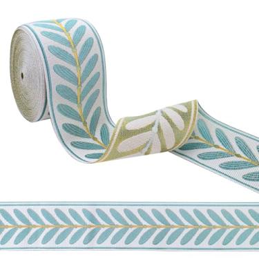 Imagem de Fita jacquard de poliéster de 6 cm, acabamento em tecido cinza claro com folhas azul-esverdeadas, acabamento versátil de costura artesanal DIY para cortinas, bolsas feitas à mão, toalhas de mesa