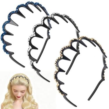 Imagem de LONEEDY Bandanas femininas com strass ondulado e cristal para pente de dentes, antiderrapantes (Dente grande (azul + prata + dourado), tamanho único)