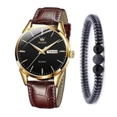 Imagem de Kit Relógio Masculino Social Em Couro Gold Olevs + Pulseira-Masculino