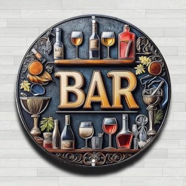 Imagem de Placa de bar com garrafas e copos vintage placa de parede redonda de alumínio rústico, 20 cm, presentes internos e externos e decoração para casa, escritório, café e fazenda