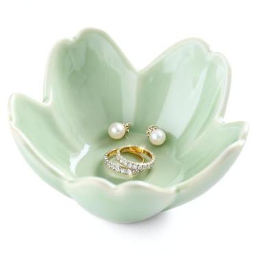 Imagem de Bandeja de joias de cerâmica com flor verde sálvia, pequena bugiganga, organizador de joias para penteadeira/banheiro/mesa de cabeceira, presente de aniversário/Natal/noivado para mulheres/melhores