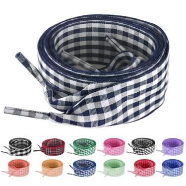 Imagem de UamGlsob Cadarços de sapato de fita de guingão de 25 mm, xadrez xadrez cetim chiques lindos cadarços de substituição para tênis feminino, Azul marino, 63"/160cm