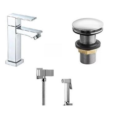 Imagem de Kit Torneira banheiro Moderna Metal Inox Lavabo Cuba 1/2 Cromada + Ducha Higiênica Inox + Válvula Click 11/8 Furo.(Prata)