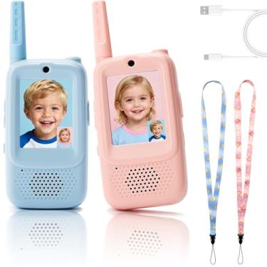 Imagem de Pacote com 2 Walkie Talkies infantis com chamada de vídeo, sem necessidade de Wi-Fi para bate-papo por vídeo bidirecional, porteiro de vídeo portátil recarregável para brincar em ambientes internos e