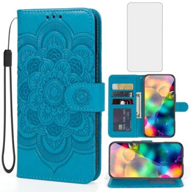 Imagem de Bohefo Capa para iPhone 17/capa carteira para Apple17 com protetor de tela de vidro temperado, capa de telefone com suporte para cartão de crédito de couro mandala para iPhone 17 azul