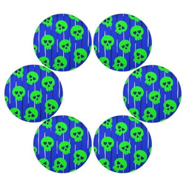Imagem de Wassud Jogo americano conjunto de 6 tapetes redondos de caveiras verdes brilhantes para cozinha e jantar tapetes laváveis resistentes ao calor para decoração de mesa 39 cm