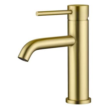 Imagem de SUMERAIN Torneira de pia de banheiro torneira de lavatório de aço inoxidável de furo único em ouro escovado com alça única, sem chumbo