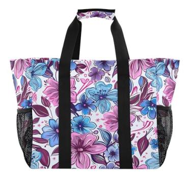 Imagem de Wassud Sacolas de compras reutilizáveis de flores coloridas de desenho animado grande bolsa organizadora de lona impermeável para praia, piquenique, lavanderia, viagem