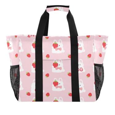 Imagem de Kigai Sacolas de compras reutilizáveis, coelho morango fofo, grande, sacola de compras resistente à água, bolsa de piscina dobrável para roupas, sapatos e piqueniques