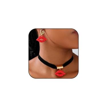 Imagem de coadipress Conjunto de colar de brincos de lábio vermelho com strass para mulheres, beijo de boca de cristal, brincos de lábios sensuais, colares gargantilhas, joias de dia dos namorados para ela