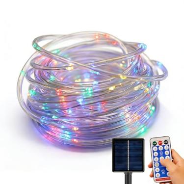 Imagem de Luzes de corda solar ao ar livre – 100 luzes LED à prova d'água de 100 fios com controle remoto, temporizador e 8 modos, iluminação de tubo sem emaranhamento para jardim, árvores, pátio e caminho