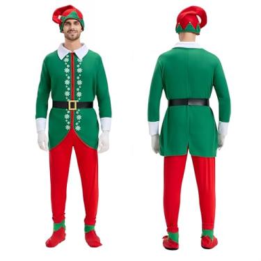 Imagem de QiaoPkeb 6 peças fantasia de elfos homens, tops, chapéu, calças, luvas, meias para os pés, cinto versão de luxo fantasia de Papai Noel para adultos, fantasia de festa para dramatização (GG)