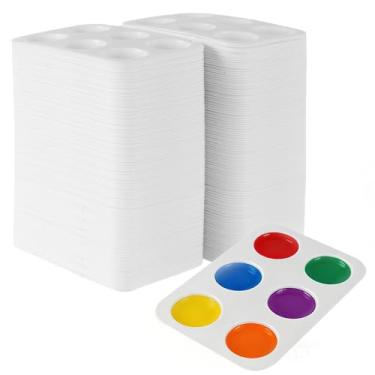 Imagem de MUKLEI 200 paletas de bandeja de tinta de plástico, paletes de tinta retangular de 6 poços, paletas de pintura branca, bandejas de paleta de aquarela para festas de pintura, pintura de arte e