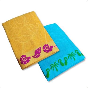 Imagem de Kit 2 Toalha de Praia Piscina Banhão 80cm X 1,60m Algodão Macia 420g/m² (Amarelo e Azul Piscina)