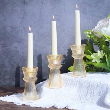 Imagem de VOHO Castiçais dourados para decoração de férias, conjunto de 3 castiçais cônicos de vidro canelados, elegantes para mesa de Natal de casamento, castiçais dourados para palitos de vela e velas de
