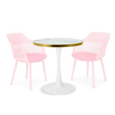 Imagem de Conjunto Mesa De Jantar Redonda Majestic 70cm Branca Com 2 Cadeiras Estofadas Marcela - Rosa
