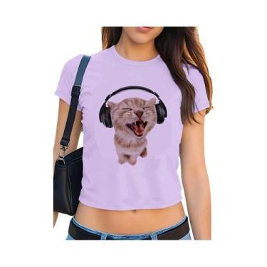 Imagem de Camiseta Cropped Feminina Com Estampa De Gato Harajuku, Camiseta Sexy 