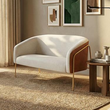 Imagem de Sofá Namoradeira Stella Industrial Alta Dourada Sintético PU Nozes Linho Bege D03 - D'Rossi