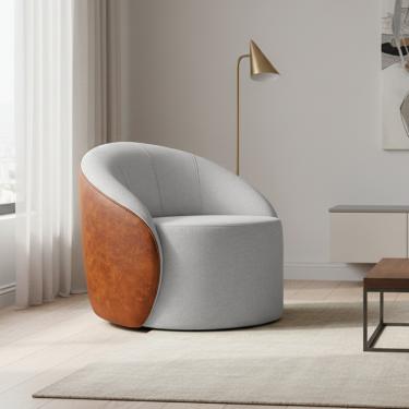 Imagem de Poltrona Sala Orgânica Lua Giratória Sintético PU Nozes/Linho Cinza D03 - D'Rossi