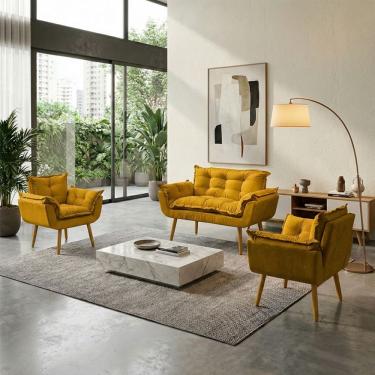 Imagem de Kit Namoradeira Decorativa E 2 Poltronas Confortável Para Sala Recepção Manicure Consultório Escritório Alice Tecido Suede