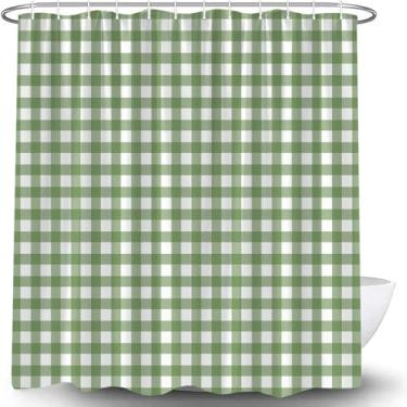 Imagem de CWHCWA Cortina de chuveiro verde sálvia branca xadrez búfalo clássico guingão fazenda quadriculada grade vintage minimalista simples moderna decoração de banheiro cortina com ganchos