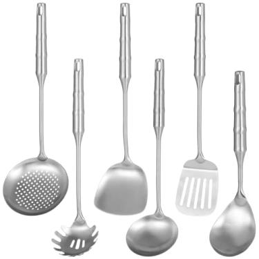 Imagem de Utensílios de cozinha de aço inoxidável 304 - conjunto de 6 utensílios de cozinha, colher de sopa, espátula com fenda, escumadeira, colher de espaguete
