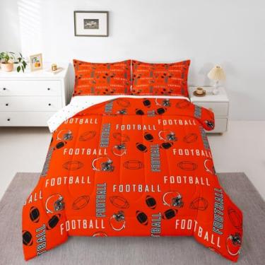 Imagem de jejeloiu Conjunto de cama de futebol americano, tamanho casal, Cleveland, para decoração de quarto de meninos e meninas, adolescentes, laranja, preto, respirável, microfibra leve