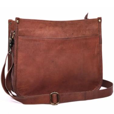 Imagem de Bolsa tiracolo feminina de couro genuíno – bolsa média com bolso com zíper – bolsa de mão boho vintage macia, Marrom, 400 cubic inches, Bolsa transversal de couro