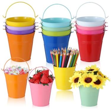 Imagem de Pacote com 12 baldes de metal coloridos com alça, baldes de areia de metal 10 x 10 cm, artigos de festa, artesanato para Natal, Halloween, barras de doces, artesanato em vaso (cor arco-íris)