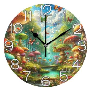 Imagem de GAIGEO Relógio de parede analógico decorativo redondo sem tique-taque silencioso relógio de cozinha para escritório, sala de estar, decoração de parede moderna, cogumelo colorido floresta, caprichoso
