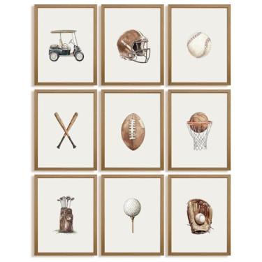 Imagem de Decoração de parede de berçário esportivo vintage para quarto de meninos, decoração de parede, bola esportiva, futebol, beisebol, basquete, golfe, arte, sala de jogos, pôster para quarto, 30 x 40 cm