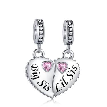 Imagem de Pingente de coração de zircônia cúbica rosa grande irmã pequena para pulseiras Pandora berloques de Natal, aniversário, presente para mulheres, irmãs, amizade, família, amor