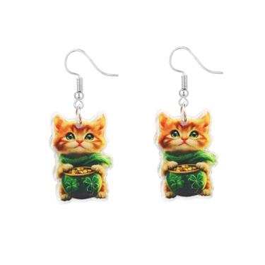 Imagem de Lindo gato da sorte trevo de quatro folhas brincos pendentes para mulheres brinco de acrílico animal gatinho pendente moda festival festa acessórios irlandeses pingente de boa sorte joias para o dia