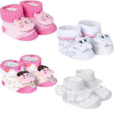 Imagem de Kit 4 Meias Pantufa Sapatinho Bebê Recém Nascido Menina Saída Maternid