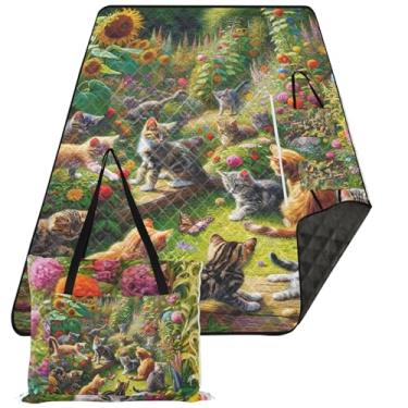 Imagem de TSENQUE Tapete de praia com estampa de gato gatinho primavera jardim impermeável à prova de areia, tapetes de grama floral para acampamento tapete grande cobertor de piquenique fofo, 203 x 152 cm