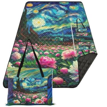 Imagem de TSENQUE Cobertor de praia à prova d'água com flores de peônia de noite estrelada grande e dobrável tapete de piquenique lindo cobertor de acampamento 203 x 152 cm