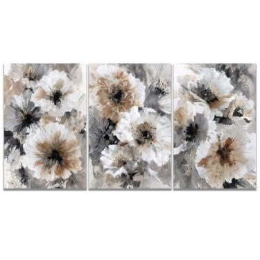 Imagem de Arte de parede floral em aquarela cinza e branca 3 peças cinza e branco arte de parede em tela abstrata moderna de meados do século pinturas florais em tela aquarela imagens de flores impressão de