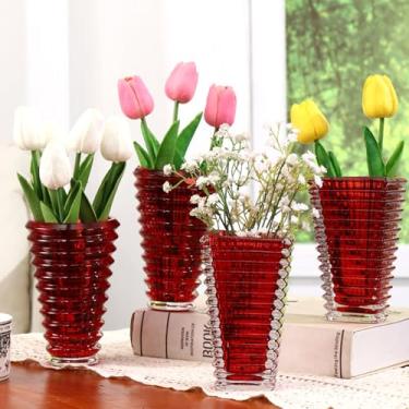 Imagem de MCMCNCUIU Conjunto de 4 vasos de flores de cristal, vasos de vidro para centros de mesa, vasos vermelhos para flores, vaso pequeno para sala de estar, quarto, cozinha, escritório, casamento