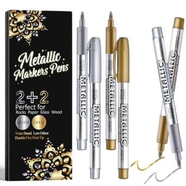 Imagem de Pacote com 4 canetas marcadoras metálicas, canetas de tinta prata e ouro à base de água, canetas de tinta dourada e prata com ponta fina durável para papel preto, pintura rupestre, confecção de